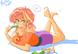 Size: 1000x700 | Tagged: safe, artist:sozglitch, character:ray, character:sunset shimmer, my little pony:equestria girls, barefoot, bedroom eyes, big breasts, blushing, breasts, busty sunset shimmer, cleavage, clothing, crossed legs, feet, female, gecko, humans doing horse things, leopard gecko, looking down, lying down, ray, sunset wants her old digestive system back, the pose
