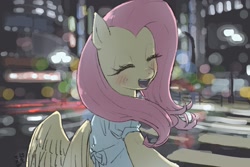 Size: 1800x1200 | Tagged: safe, artist:yanamosuda, character:fluttershy, species:pegasus, species:pony, blurred background, blushing, city, cityscape, clothing, cute, date, dress, eyes closed, female, happy, looking at you, looking back, looking back at you, mare, offscreen character, open mouth, outdoors, pov, shyabetes, smiling, solo, speedpaint available, street, wings
