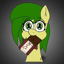 Size: 750x750 | Tagged: safe, artist:mranthony2, oc, oc only, oc:lemon bounce, species:pony, bust, chocolate, chocolate bar, cute, dalokohs bar, female, food, looking at you, mare, mouth hold, portrait, simple background, solo, team fortress 2
