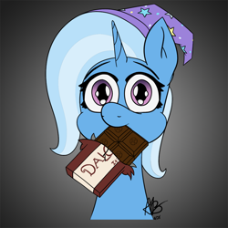Size: 750x750 | Tagged: safe, alternate version, artist:mranthony2, character:trixie, species:pony, species:unicorn, bust, chocolate, chocolate bar, cute, dalokohs bar, female, food, looking at you, mare, mouth hold, portrait, simple background, solo, team fortress 2