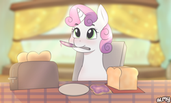 Size: 5000x3000 | Tagged: safe, artist:almond evergrow, character:sweetie belle, species:pony, species:unicorn, absurd resolution, blushing, bread, cute, diasweetes, female, filly, food, jam, knife, morning, mouth hold, solo, table, this will end in fire, toast, toaster, weapons-grade cute, window