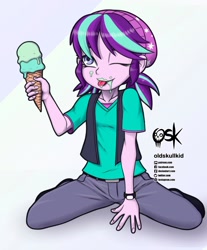 Size: 1280x1545 | Tagged: safe, artist:oldskullkid, character:starlight glimmer, equestria girls:mirror magic, g4, my little pony: equestria girls, my little pony:equestria girls, spoiler:eqg specials, beanie, clothing, female, food, hat, ice cream, ice cream cone, messy eating, one eye closed, pigtails, solo, younger
