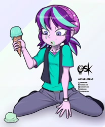 Size: 1280x1545 | Tagged: safe, alternate version, artist:oldskullkid, character:starlight glimmer, equestria girls:mirror magic, g4, my little pony: equestria girls, my little pony:equestria girls, spoiler:eqg specials, beanie, clothing, dropped ice cream, female, food, hat, ice cream, ice cream cone, messy eating, pigtails, solo, younger