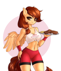 Size: 1590x1852 | Tagged: safe, artist:yutakira92, oc, oc only, oc:vanilla creame, species:anthro, species:pegasus, species:pony, bedroom eyes, food, hand on hip, looking at you, meat, midriff, outback steakhouse, pegasus oc, sexy, simple background, smiling, steak, tomboy, tomboy outback, waitress, wings