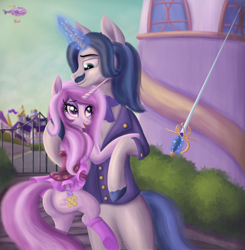 Size: 2848x2905 | Tagged: safe, artist:greenbrothersart, character:fancypants, character:fleur-de-lis, species:pony, species:unicorn, ship:fancyfleur, airship, bipedal, butt, canterlot, female, glowing horn, horn, hug, looking at each other, magic, male, plot, rapier, saddle, shipping, smiling, straight, sword, tack, telekinesis, weapon