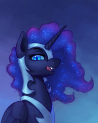 Size: 620x777 | Tagged: safe, artist:asimos, character:nightmare moon, character:princess luna, species:alicorn, species:pony, bueno, female, gradient background, licking, licking lips, looking at you, mare, open mouth, solo, tongue out
