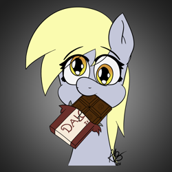 Size: 1500x1500 | Tagged: safe, alternate version, artist:mranthony2, character:derpy hooves, species:pegasus, species:pony, bust, chocolate, chocolate bar, cute, dalokohs bar, female, food, looking at you, mare, mouth hold, portrait, simple background, solo, team fortress 2