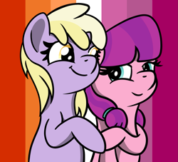 Size: 1191x1080 | Tagged: safe, artist:dinkyuniverse, character:dinky hooves, character:lily longsocks, species:earth pony, species:pony, species:unicorn, adorasocks, caring, couple, cute, dinkabetes, dinkily, female, filly, flag, foal, lesbian, lesbian flag, lgbt, love, pride, pride month, pride ponies, shipping, sunset lesbian flag