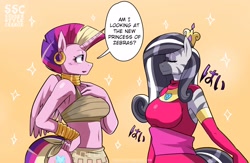 Size: 3260x2121 | Tagged: safe, artist:traupa, character:princess cadance, character:zecora, species:alicorn, species:anthro, species:pony, species:zebra, alternate hairstyle, belly button, big breasts, bracelet, breasts, busty princess cadance, busty zecora, clothes swap, crown, dialogue, ear piercing, earring, eyes closed, japanese, jewelry, mane swap, open mouth, piercing, regalia, simple background, speech bubble, style change, yellow background