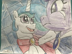 Size: 4032x3024 | Tagged: safe, artist:disneymarvel96, character:princess celestia, character:twilight sparkle, species:alicorn, species:pony, beauty and the beast, brooch, cape, clothing, cosplay, costume, crying, disney, hoof on head, lying down, parody, traditional art