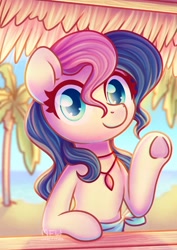 Size: 1600x2264 | Tagged: safe, artist:wavecipher, character:bon bon, character:sweetie drops, species:earth pony, species:pony, adorabon, alternate hairstyle, beach, cute, female, jewelry, looking at you, mare, necklace, ocean, palm tree, smiling, solo, tree, underhoof, waving, wet mane
