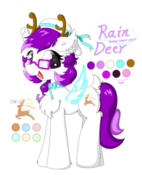 Size: 2011x2461 | Tagged: safe, artist:fireworks sea, oc, oc only, oc:rain deer, species:deer, species:pony, artificial wings, augmented, chest fluff, deer antlers, ear fluff, glasses, heart eyes, looking at you, magic, magic wings, open mouth, original species, reference sheet, smiling, standing, wingding eyes, wings