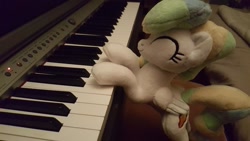 Size: 1191x670 | Tagged: safe, artist:ketika, character:vapor trail, species:pegasus, species:pony, g4, cute, eyes closed, happy, irl, musical instrument, photo, piano, plushie, solo, standing, vaporbetes