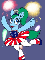 Size: 960x1280 | Tagged: safe, artist:dashingjack, oc, oc:brainstorm, 4th of july, arabesque, arms in the air, ballerina, ballet, ballet shoes, clothing, crossdressing, fireworks, holiday, independence day, jewelry, one leg raised, pose, tiara, tights, tutu