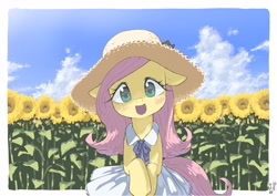 Size: 4093x2894 | Tagged: safe, artist:yanamosuda, character:fluttershy, species:pegasus, species:pony, g4, blushing, bow, clothing, colored pupils, cute, dawwww, dress, female, floppy ears, flower, flower field, full face view, hat, head tilt, looking at you, mare, open mouth, outdoors, semi-anthro, shyabetes, signature, sky, smiling, solo, sun hat, sundress, sunflower, weapons-grade cute