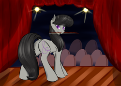 Size: 4380x3120 | Tagged: safe, artist:renarde-louve, character:octavia melody, species:earth pony, species:pony, bow (instrument), curtains, female, looking at you, mare, mouth hold, solo, stage, stage light