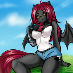 Size: 3000x3000 | Tagged: safe, artist:yutakira92, oc, oc only, oc:reiki, species:anthro, species:bat pony, species:pony, anthro oc, black sclera, breasts, clothing, commission, female, grass, looking at you, mare, nintendo switch, red hair, shorts, sky, smiling, tank top, tattoo, ych result, yellow eyes