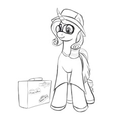 Size: 2000x2000 | Tagged: safe, artist:redquoz, character:rarity, species:pony, species:unicorn, bumper sticker, clothing, curls, dress, dressup, female, hat, looking offscreen, mare, solo, suitcase, sunglasses, travelling