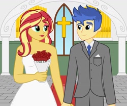 Size: 1280x1067 | Tagged: safe, artist:mintydrop2013, character:flash sentry, character:sunset shimmer, ship:flashimmer, my little pony:equestria girls, church, cross, female, male, marriage, shipping, straight, wedding