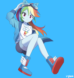 Size: 1900x2000 | Tagged: safe, artist:ryuu, character:rainbow dash, my little pony:equestria girls, anime, anime style, blue background, clothing, cute, dashabetes, female, goggles, looking at you, shorts, simple background, solo