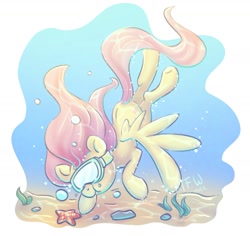 Size: 2388x2259 | Tagged: safe, artist:wavecipher, character:fluttershy, species:pegasus, species:pony, diving, diving goggles, female, solo, starfish, underwater, water