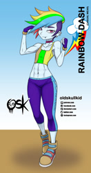 Size: 984x1860 | Tagged: safe, artist:oldskullkid, character:rainbow dash, species:human, my little pony:equestria girls, abs, alternate hairstyle, breasts, delicious flat chest, ear piercing, hair over one eye, lip piercing, piercing