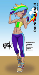 Size: 984x1860 | Tagged: safe, alternate version, artist:oldskullkid, character:rainbow dash, species:human, my little pony:equestria girls, abs, alternate hairstyle, breasts, dark skin, delicious flat chest, ear piercing, hair over one eye, lip piercing, piercing