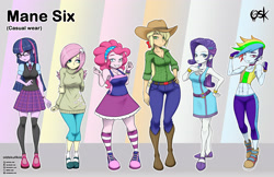Size: 3496x2272 | Tagged: safe, artist:oldskullkid, character:applejack, character:fluttershy, character:pinkie pie, character:rainbow dash, character:rarity, character:twilight sparkle, character:twilight sparkle (alicorn), character:twilight sparkle (eqg), species:eqg human, my little pony:equestria girls, abs, alternate hairstyle, applejack's hat, belt, boob freckles, boots, bracelet, breasts, busty applejack, busty fluttershy, busty pinkie pie, busty rarity, busty twilight sparkle, chest freckles, cleavage, clothing, converse, cowboy boots, cowboy hat, cute, delicious flat chest, diapinkes, dress, ear piercing, female, freckles, glasses, hair over one eye, hat, humane five, humane six, i can't believe it's not sci-twi, jewelry, kneesocks, lip piercing, looking at you, midriff, nail polish, piercing, rainbow flat, shoes, skirt, smiling, socks, striped socks, sweater, sweatershy, thigh highs, twilight's professional glasses, zettai ryouiki