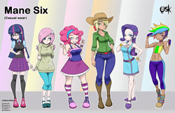 Size: 3496x2272 | Tagged: safe, alternate version, artist:oldskullkid, character:applejack, character:fluttershy, character:pinkie pie, character:rainbow dash, character:rarity, character:twilight sparkle, character:twilight sparkle (alicorn), character:twilight sparkle (eqg), species:eqg human, my little pony:equestria girls, abs, alternate hairstyle, applejack's hat, belt, boob freckles, boots, bracelet, breasts, busty applejack, busty fluttershy, busty pinkie pie, busty rarity, busty twilight sparkle, chest freckles, cleavage, clothing, converse, cowboy boots, cowboy hat, cute, dark skin, delicious flat chest, diapinkes, dress, ear piercing, female, freckles, glasses, hair over one eye, hat, human coloration, humane five, humane six, i can't believe it's not sci-twi, jewelry, kneesocks, light skin, lip piercing, looking at you, midriff, nail polish, piercing, rainbow flat, shoes, skirt, smiling, socks, striped socks, sweater, sweatershy, thigh highs, twilight's professional glasses, zettai ryouiki