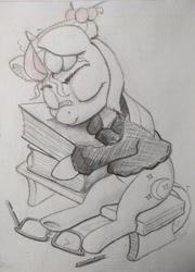 Size: 648x900 | Tagged: safe, artist:ponsce, character:moondancer, species:pony, species:unicorn, book, broken glasses, cute, dancerbetes, female, mare, sleeping, solo, traditional art