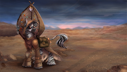 Size: 1320x743 | Tagged: safe, artist:limreiart, oc, oc only, species:pony, species:zebra, fallout equestria, bag, clothing, desert, goggles, mad max, mad max (2015 video game), saddle bag, solo, species swap, wasteland, zebra oc, zebrafied