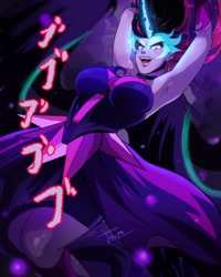 Size: 2117x2646 | Tagged: safe, artist:traupa, character:midnight sparkle, character:twilight sparkle, my little pony:equestria girls, armpits, breasts, busty twilight sparkle, dark, dark fantasy, demon, female, high res, jojo reference, jojo's bizarre adventure, midnight sparkle, open mouth, smiling