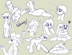 Size: 1299x1000 | Tagged: safe, artist:redquoz, oc, species:dragon, species:earth pony, species:pony, species:unicorn, belly, blep, cheek squish, coffee, coffee mug, creeper, dragon oc, drawpile, earth pony oc, female, galloping, happy, heart, helmet, hooves, horn, hug, hyper, lamp, looking at you, looking away, lying down, male, mare, mining helmet, mug, paintstorm studio, pillow, pudgy, simple background, sketch, sketch dump, sleeping, spikey mane, squishy cheeks, stallion, tongue out, unicorn oc
