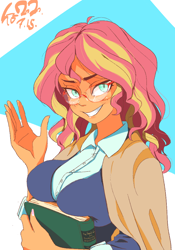 Size: 700x1000 | Tagged: safe, artist:sozglitch, character:sunset shimmer, my little pony:equestria girls, abstract background, bedroom eyes, blushing, book, breasts, busty sunset shimmer, clothing, female, glasses, grin, looking at you, signature, smiling, solo, tanned, waving