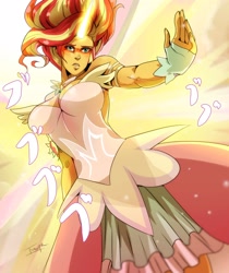 Size: 1820x2170 | Tagged: safe, artist:traupa, character:daydream shimmer, character:sunset shimmer, my little pony:equestria girls, anime, anime style, artificial wings, augmented, big breasts, breasts, busty sunset shimmer, daydream shimmer, horn, jojo pose, jojo reference, jojo's bizarre adventure, magic, magic wings, wings