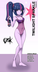 Size: 984x1860 | Tagged: safe, artist:oldskullkid, character:twilight sparkle, character:twilight sparkle (eqg), species:eqg human, species:human, my little pony:equestria girls, anime, arm behind head, armpits, barefoot, belly button, breasts, cleavage, clothing, feet, female, goggles, humanized, legs, looking at you, one-piece swimsuit, ponytail, ribbon, sleeveless, solo, swimming goggles, swimsuit, thighs