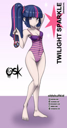 Size: 984x1860 | Tagged: safe, alternate version, artist:oldskullkid, character:twilight sparkle, character:twilight sparkle (eqg), species:eqg human, species:human, my little pony:equestria girls, anime, arm behind head, armpits, belly button, breasts, cleavage, clothing, female, goggles, humanized, legs, looking at you, one-piece swimsuit, ponytail, ribbon, sleeveless, solo, swimsuit