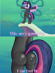 Size: 1224x1632 | Tagged: safe, artist:acstlu, character:twilight sparkle, character:twilight sparkle (alicorn), species:alicorn, species:pony, bodysuit, catsuit, female, mare, plot, ponified, spongebob squarepants, the ass was fat, the sponge who could fly, twibutt