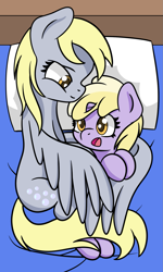 Size: 1159x1930 | Tagged: safe, artist:dinkyuniverse, character:derpy hooves, character:dinky hooves, species:pegasus, species:pony, species:unicorn, bed, bed time, bedroom, child, cuddling, cute, daughter, derpabetes, dinkabetes, equestria's best daughter, equestria's best mother, family, female, filly, foal, happy, mare, mother, mother and child, mother and daughter, relaxing, sleepy, smiling, wholesome