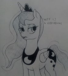 Size: 1826x2048 | Tagged: safe, artist:public mistake, character:princess luna, species:alicorn, species:pony, crown, dialogue, female, jewelry, lidded eyes, mare, monochrome, peytral, regalia, solo, traditional art