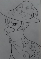 Size: 1414x2047 | Tagged: safe, artist:public mistake, character:trixie, species:pony, species:unicorn, cape, clothing, female, hat, lidded eyes, looking at you, mare, monochrome, solo, traditional art, trixie's cape, trixie's hat
