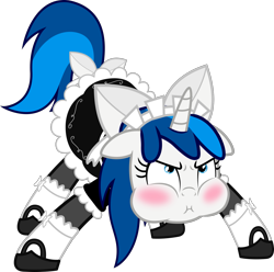 Size: 1721x1709 | Tagged: safe, artist:earth_pony_colds, oc, oc:feathertrap, species:pony, species:unicorn, :i, blushing, clothing, crossdressing, femboy, maid, male, puffy cheeks, show accurate