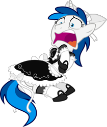 Size: 2007x2392 | Tagged: safe, artist:earth_pony_colds, oc, oc:feathertrap, species:pony, species:unicorn, clothing, crossdressing, femboy, maid, male, open mouth, panicking, show accurate