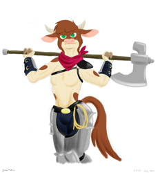 Size: 2600x2800 | Tagged: safe, artist:rockhoppr3, character:arizona cow, species:anthro, species:cow, them's fightin' herds, armor, axe, bandana, barbie doll anatomy, bracer, breasts, chainmail, clothing, fantasy class, featureless breasts, female, looking at you, partial nudity, rope, solo, topless, weapon