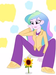 Size: 1536x2048 | Tagged: safe, artist:justsomepainter11, character:princess celestia, character:principal celestia, my little pony:equestria girls, calm, clothing, flower, pants, shoes, simple background, sitting, spread legs, spreading, sunflower, white background