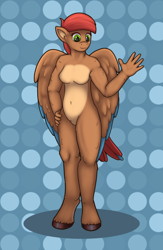 Size: 652x1000 | Tagged: safe, artist:redquoz, oc, oc only, oc:allegra mazarine, species:anthro, species:bird, species:unguligrade anthro, anthro oc, athletic, belly button, bird pone, bird tail, circles, ear fluff, female, fluffy, folded wings, gentle smile, green eyes, hand on hip, hooves, looking at you, shading, shiny hoof, simple background, solo, two toned coat, two toned tail, two toned wings, waving, wings