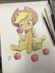 Size: 1536x2048 | Tagged: safe, artist:yanamosuda, character:applejack, species:earth pony, species:pony, apple, clothing, cowboy hat, cute, female, food, hat, hoof hold, jackabetes, looking at you, mare, one eye closed, solo, traditional art, underhoof, watercolor painting