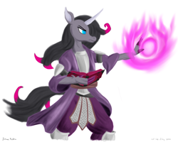 Size: 3000x2400 | Tagged: safe, artist:rockhoppr3, community related, character:oleander, species:anthro, species:pony, species:unicorn, them's fightin' herds, armor, book, clothing, fantasy class, female, fireball, robe, solo, unicornomicon