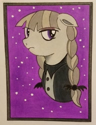 Size: 1574x2048 | Tagged: safe, artist:polar_storm, character:inky rose, species:pegasus, species:pony, blouse, bust, colored sketch, female, frown, mare, pigtails, purple background, purple eyes, simple background, solo, traditional art