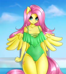 Size: 2684x3000 | Tagged: safe, artist:yutakira92, character:fluttershy, species:anthro, species:pegasus, g4, adorasexy, breasts, cleavage, clothing, cute, female, mare, one-piece swimsuit, sexy, shyabetes, sky, solo, swimsuit, wings